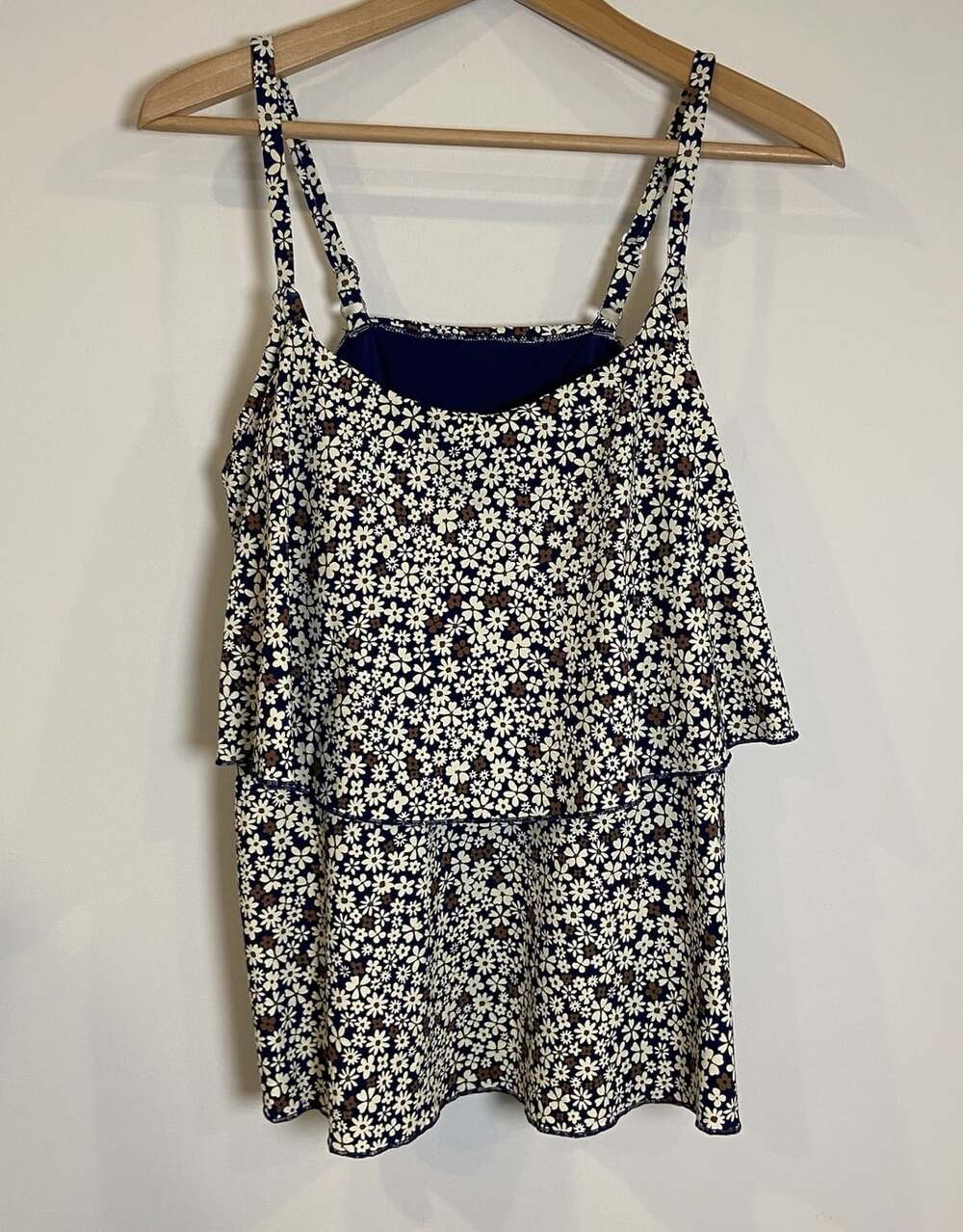 Lands' End Tankini Swim Bathing Suit Top Navy Cream Brown XL 18